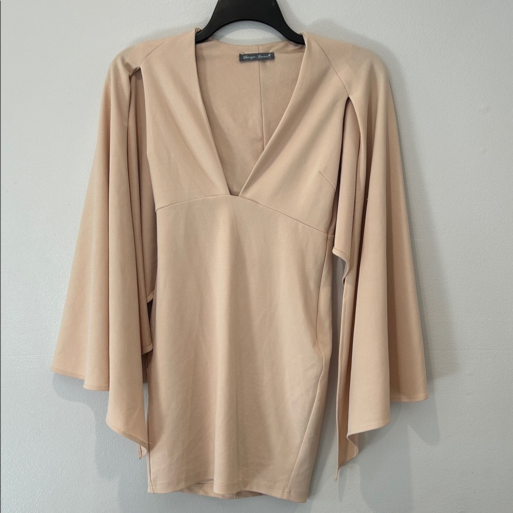 Beige V-Neck Dress with Flowing Cape